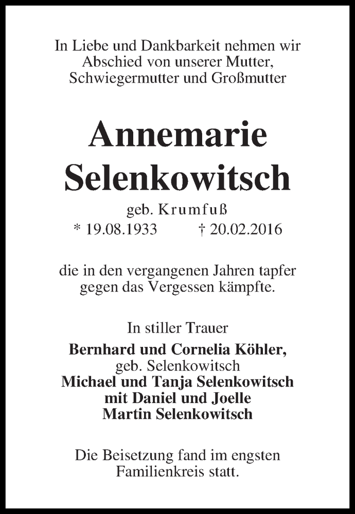 Traueranzeige von Annemarie Selenkowitsch von WESER-KURIER
