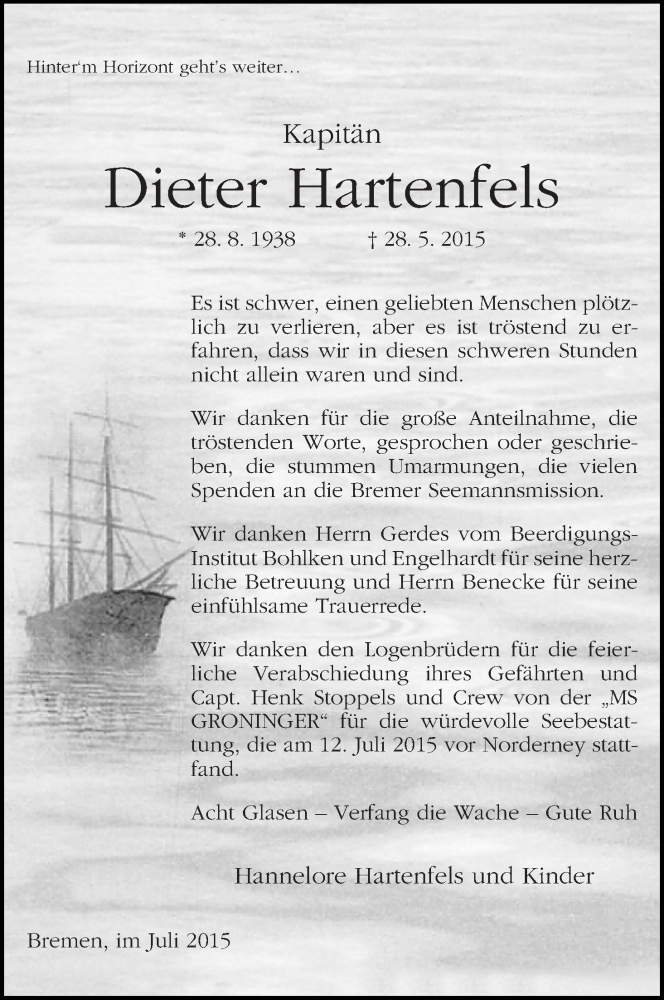 Traueranzeige von Dieter Hartenfels von WESER-KURIER