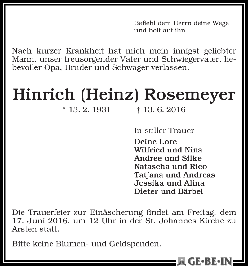 Traueranzeige von Hinrich (Heinz) Rosemeyer von WESER-KURIER