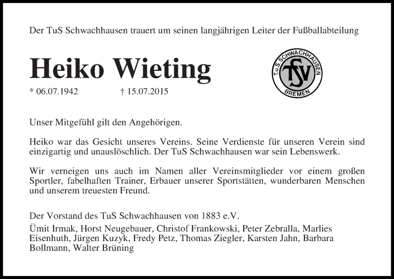 Traueranzeige von Heiko Wieting von WESER-KURIER