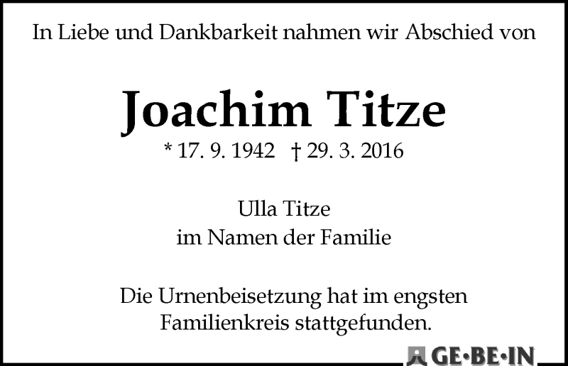 Traueranzeige von Joachim Titze von WESER-KURIER