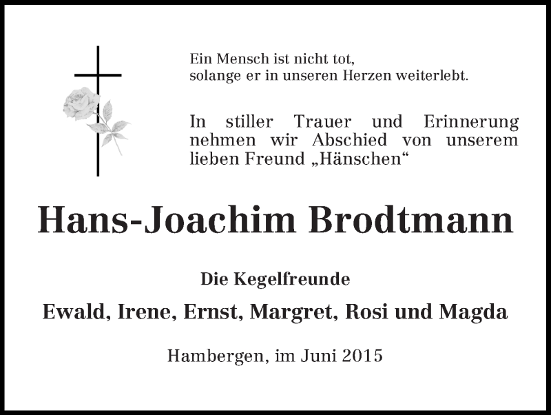 Traueranzeige von Hans-Joachim Brodtmann von Osterholzer Kreisblatt