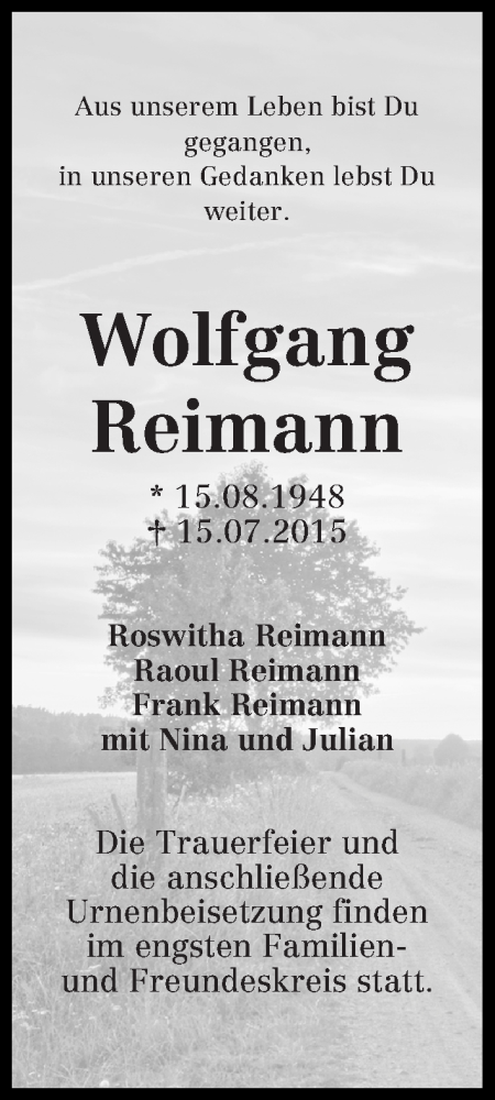 Traueranzeige von Wolfgang Reimann von WESER-KURIER