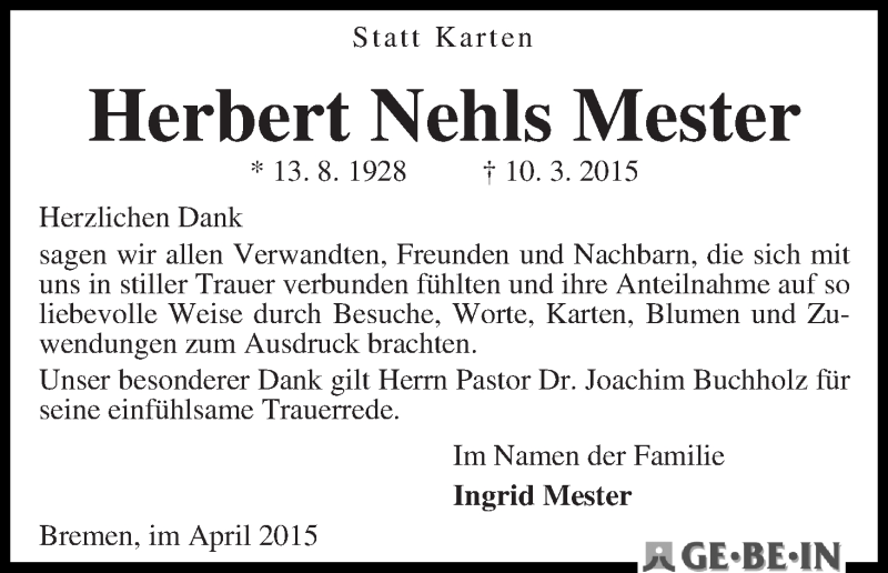 Traueranzeige von Herbert Nehls Mester von WESER-KURIER