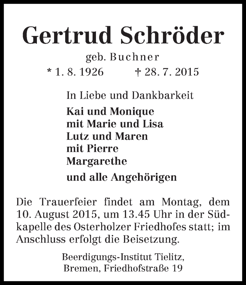 Traueranzeige von Gertrud Schröder von WESER-KURIER