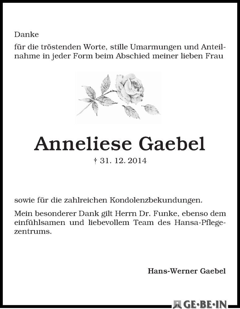 Traueranzeige von Anneliese Gaebel von WESER-KURIER