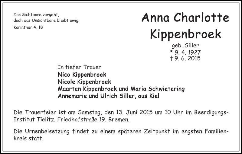 Traueranzeige von Anna Charlotte Kippenbroek von WESER-KURIER