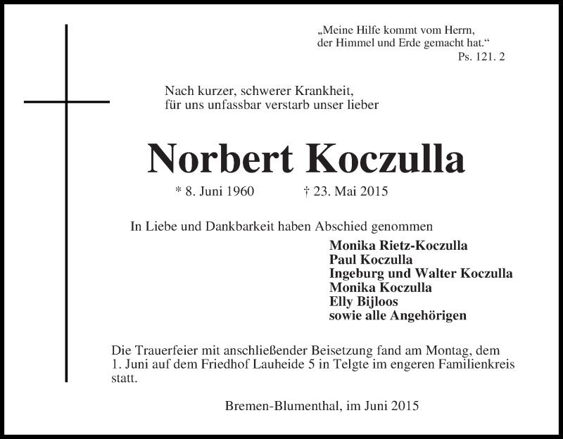 Traueranzeige von Norbert Koczulla von Die Norddeutsche