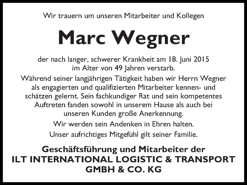 Traueranzeige von Marc Wegner von WESER-KURIER