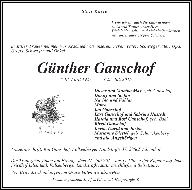 Traueranzeige von Günther Ganschof von Wuemme Zeitung