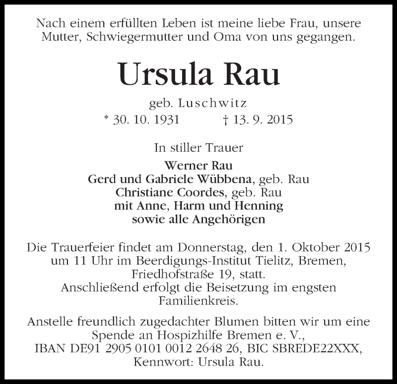 Traueranzeige von Ursula Rau von WESER-KURIER