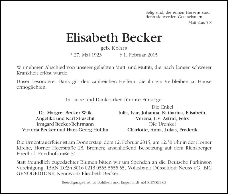 Traueranzeige von Elisabeth Becker von WESER-KURIER