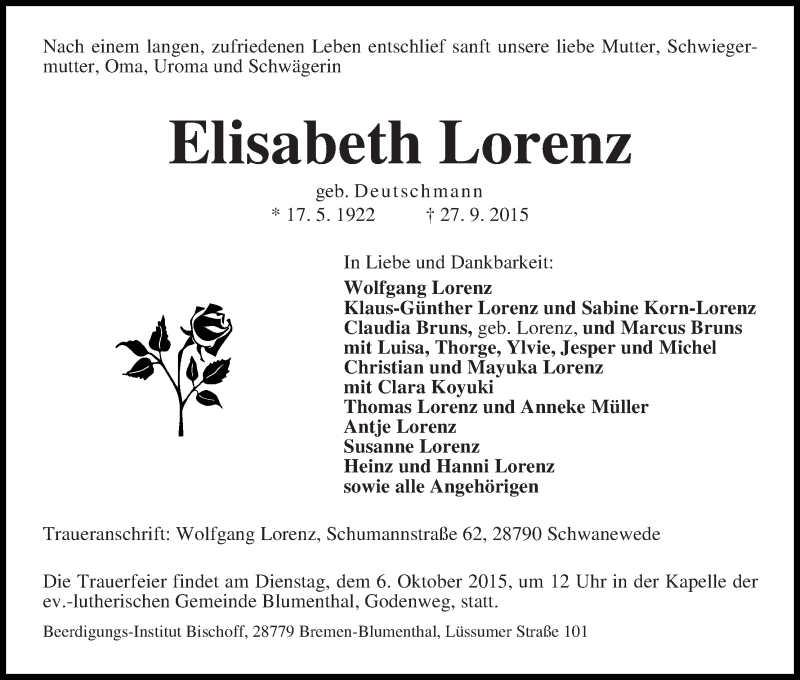 Traueranzeige von Elisabeth Lorenz von Die Norddeutsche