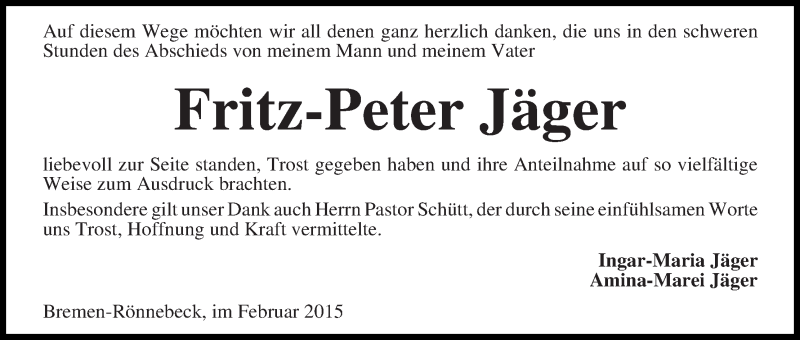 Traueranzeige von Fritz-Peter Jäger von Die Norddeutsche