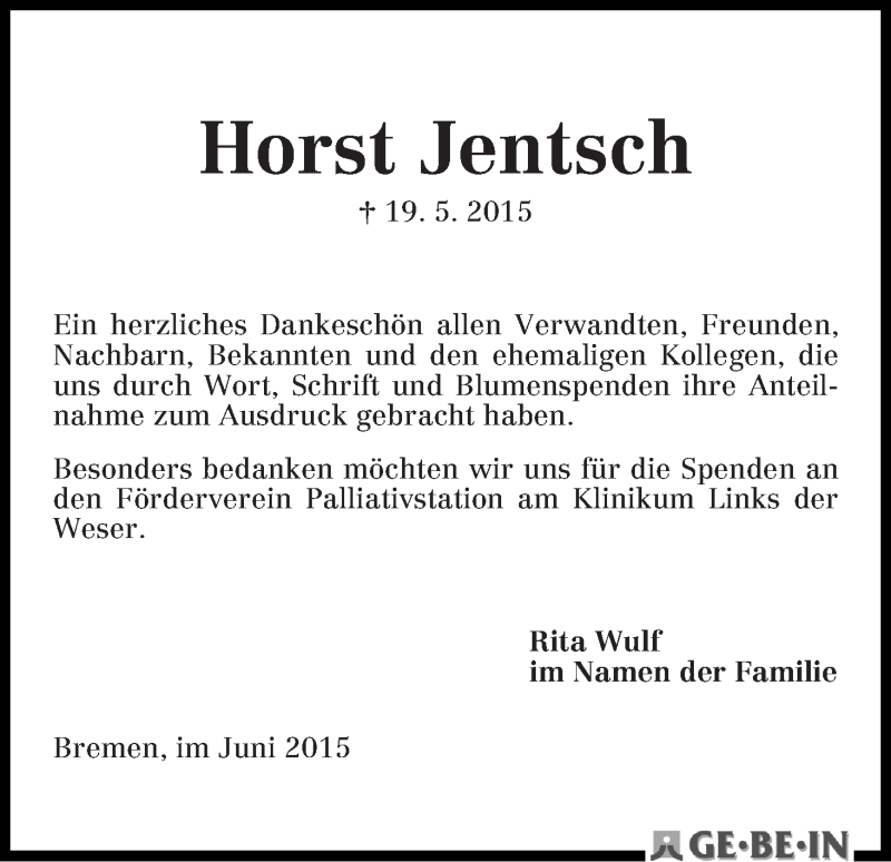 Traueranzeige von Horst Jentsch von WESER-KURIER