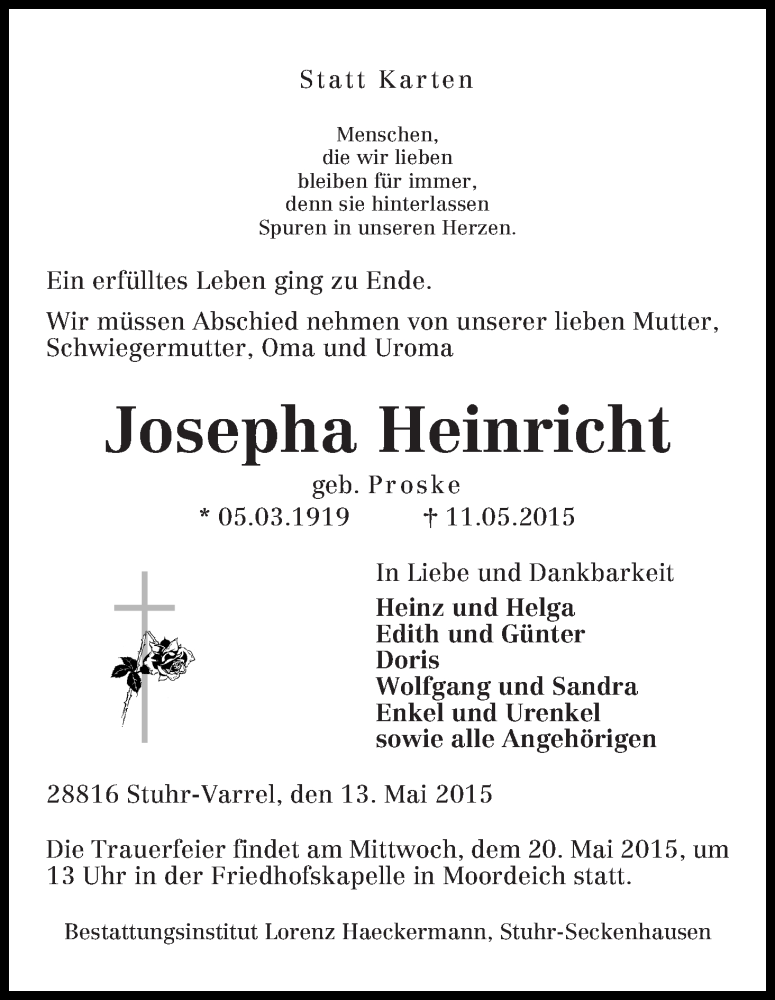 Traueranzeige von Josepha Heinricht von WESER-KURIER