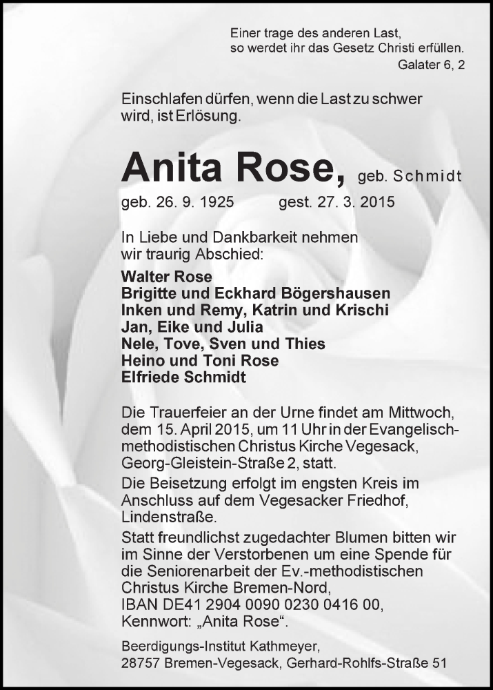 Traueranzeige von Anita Rose von Die Norddeutsche