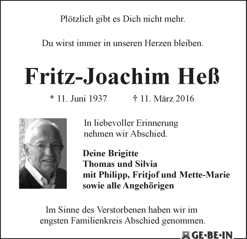 Traueranzeige von Fritz-Joachim Heß von WESER-KURIER