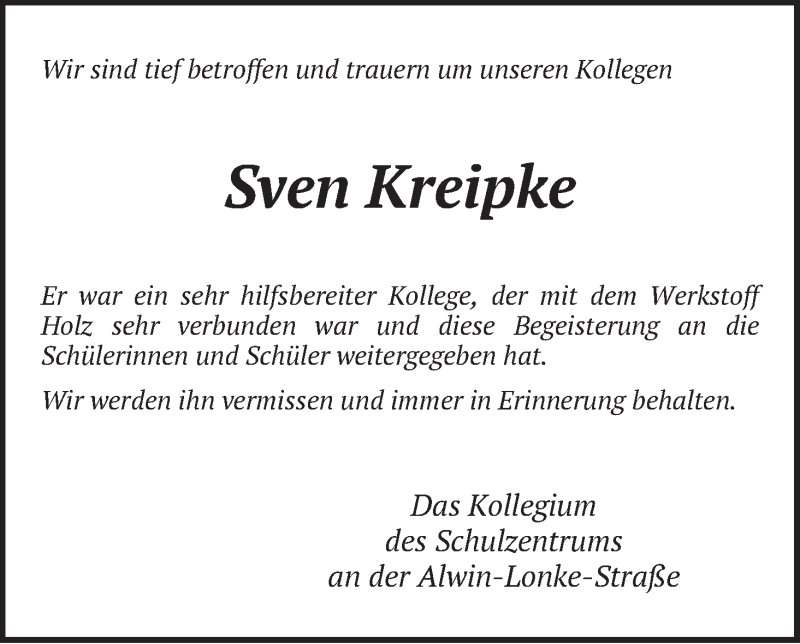 Traueranzeige von Sven Kreipke von WESER-KURIER
