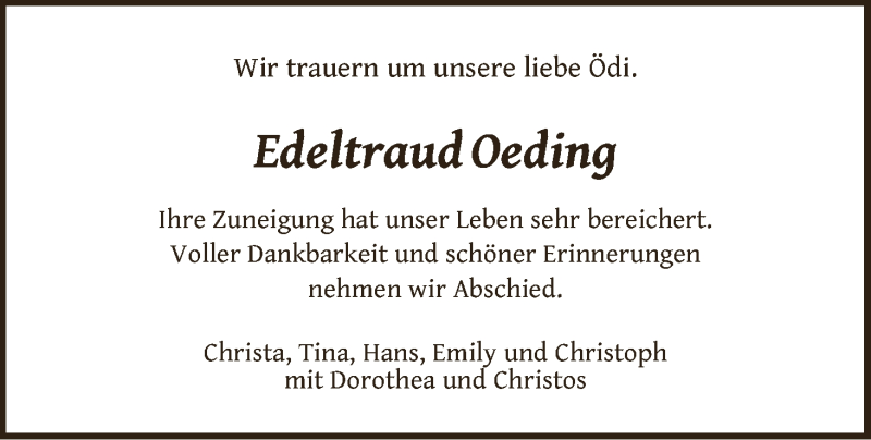 Traueranzeige von Edeltraud Oeding von WESER-KURIER
