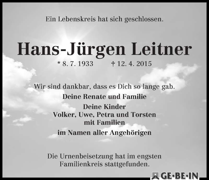 Traueranzeige von Hans-Jürgen Leitner von WESER-KURIER