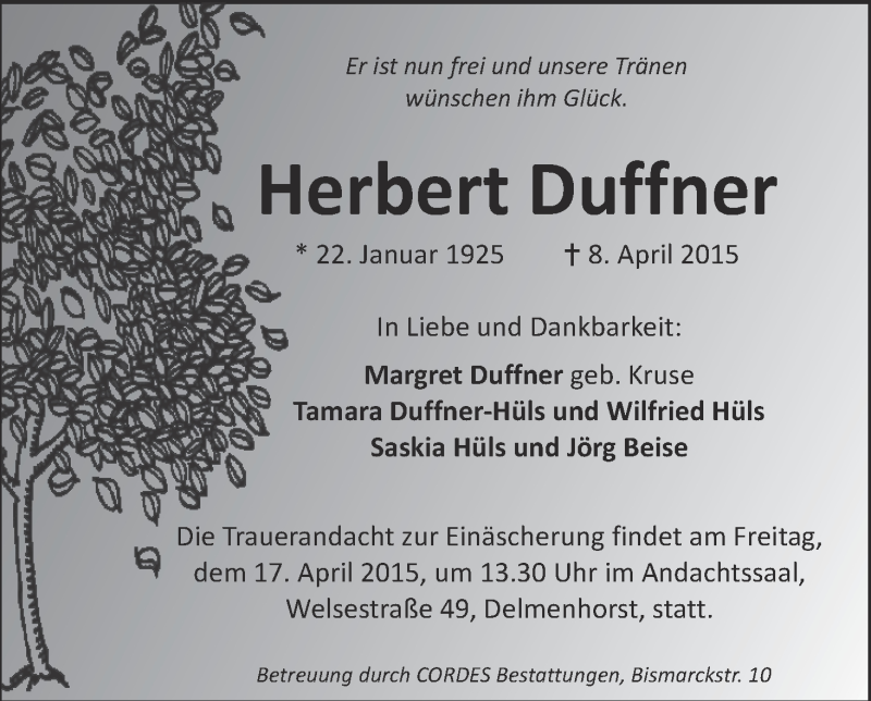 Traueranzeige von Herbert Duffner von WESER-KURIER