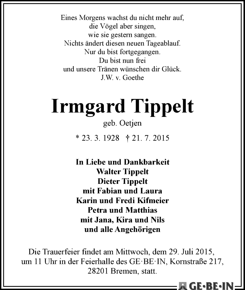 Traueranzeige von Irmgard Tippelt von WESER-KURIER