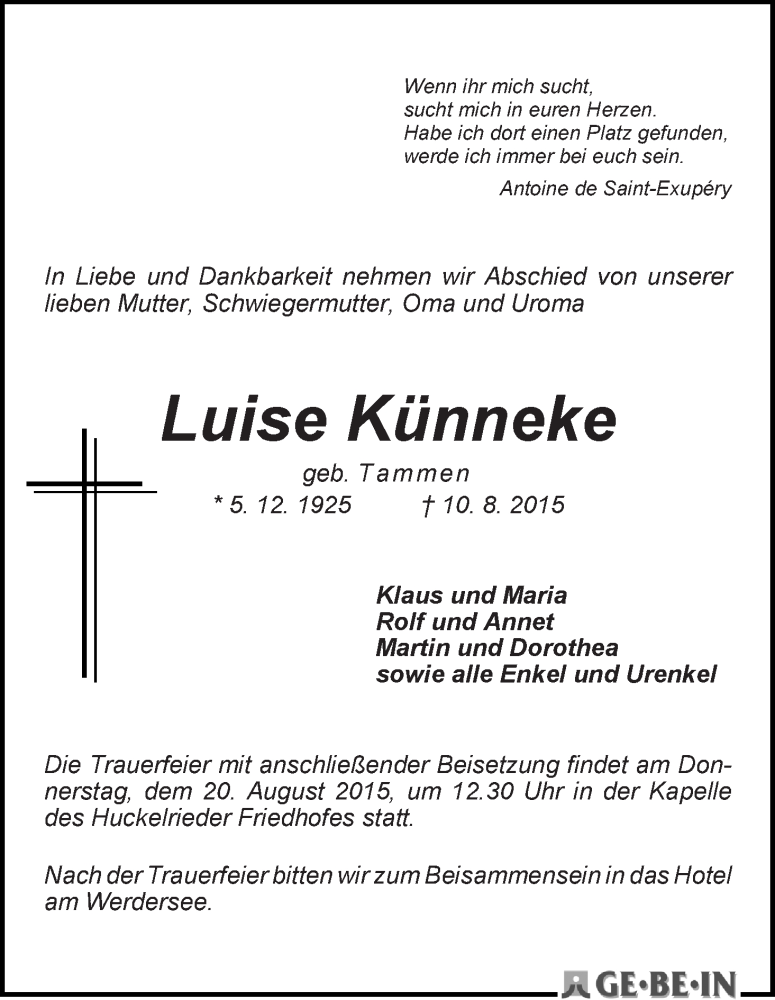 Traueranzeige von Luise Künneke von WESER-KURIER