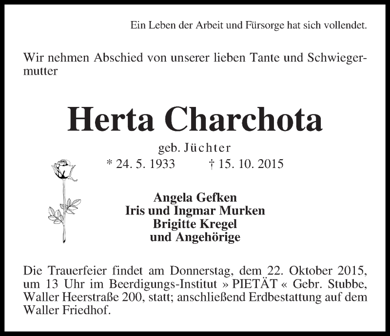 Traueranzeige von Herta Charchota von WESER-KURIER