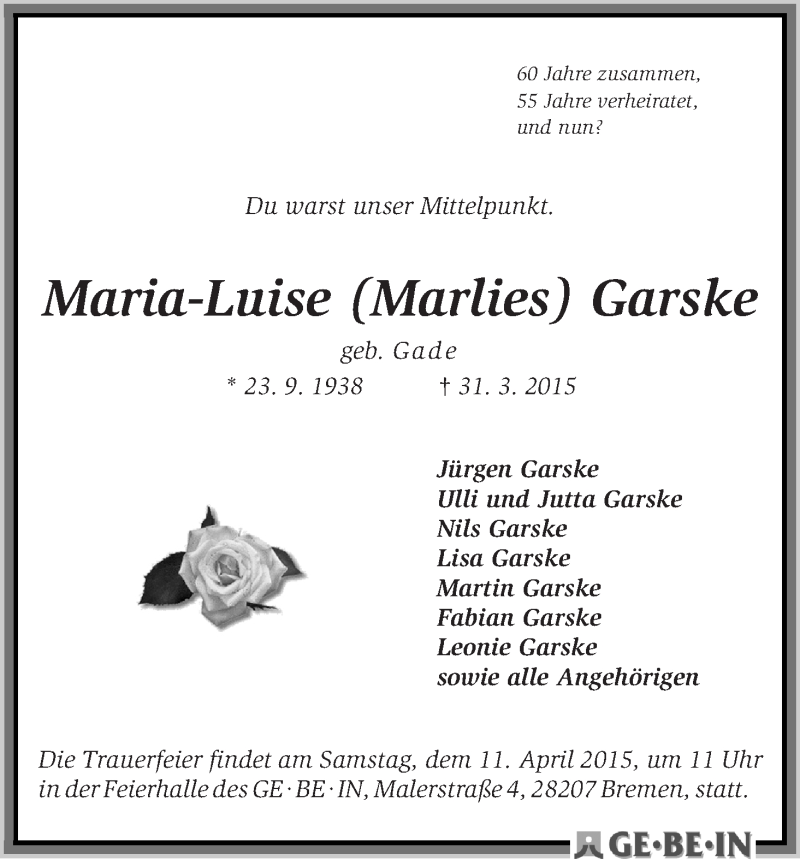 Traueranzeige von Maria-Luise (Marlies) Garske von WESER-KURIER