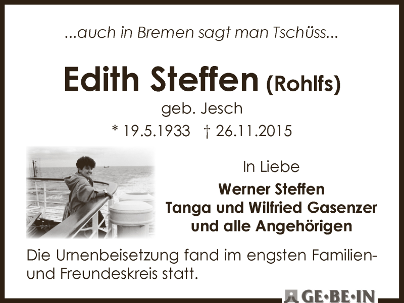 Traueranzeige von Edith Steffen von WESER-KURIER