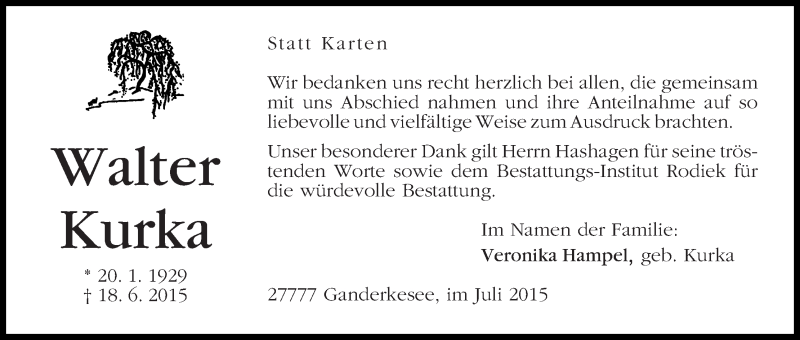 Traueranzeige von Walter Kurka von Die Norddeutsche
