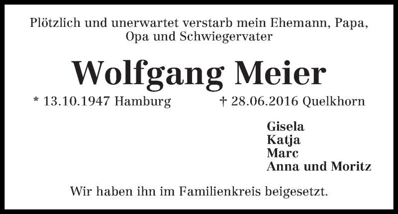 Traueranzeige von Wolfgang Meier von Achimer Kurier/Verdener Nachrichten