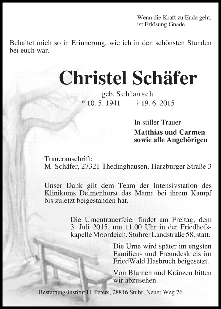 Traueranzeige von Christel Schäfer von Regionale Rundschau/Syker Kurier