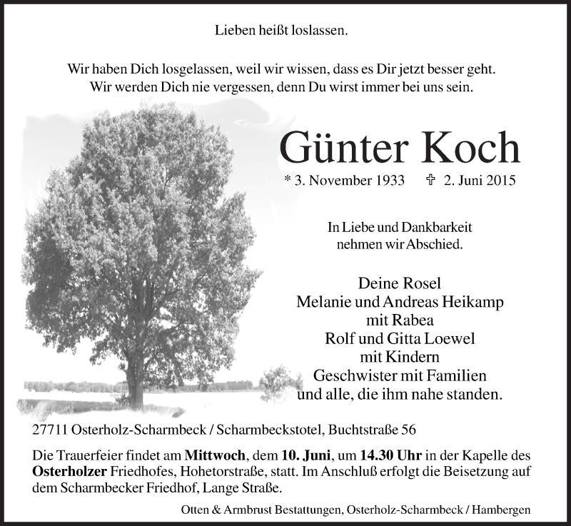 Traueranzeige von Günter Koch von Osterholzer Kreisblatt