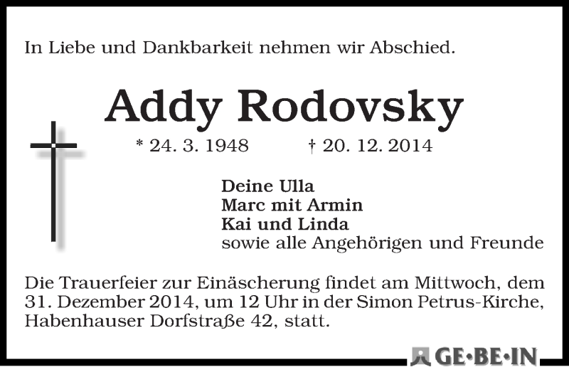 Traueranzeige von Addy Rodovsky von WESER-KURIER
