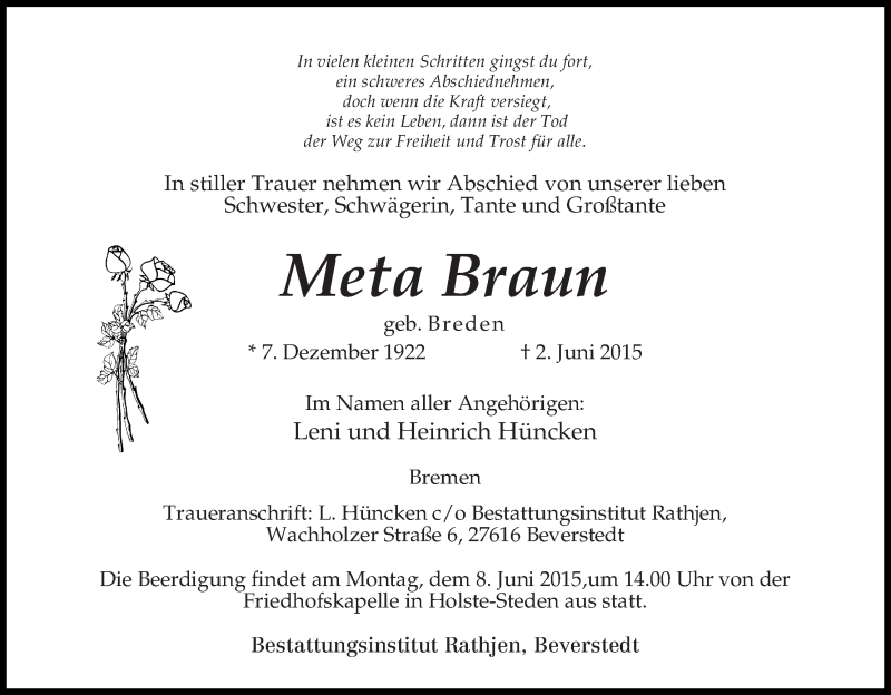 Traueranzeige von Meta Braun von Osterholzer Kreisblatt
