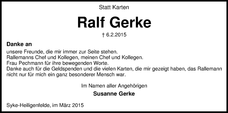 Traueranzeige von Ralf Gerke von WESER-KURIER
