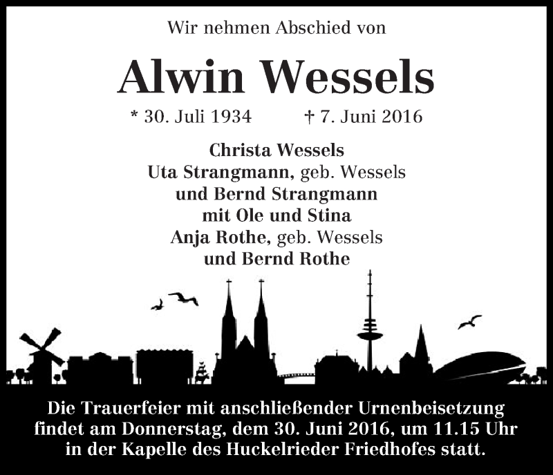 Traueranzeige von Alwin Wessels von WESER-KURIER