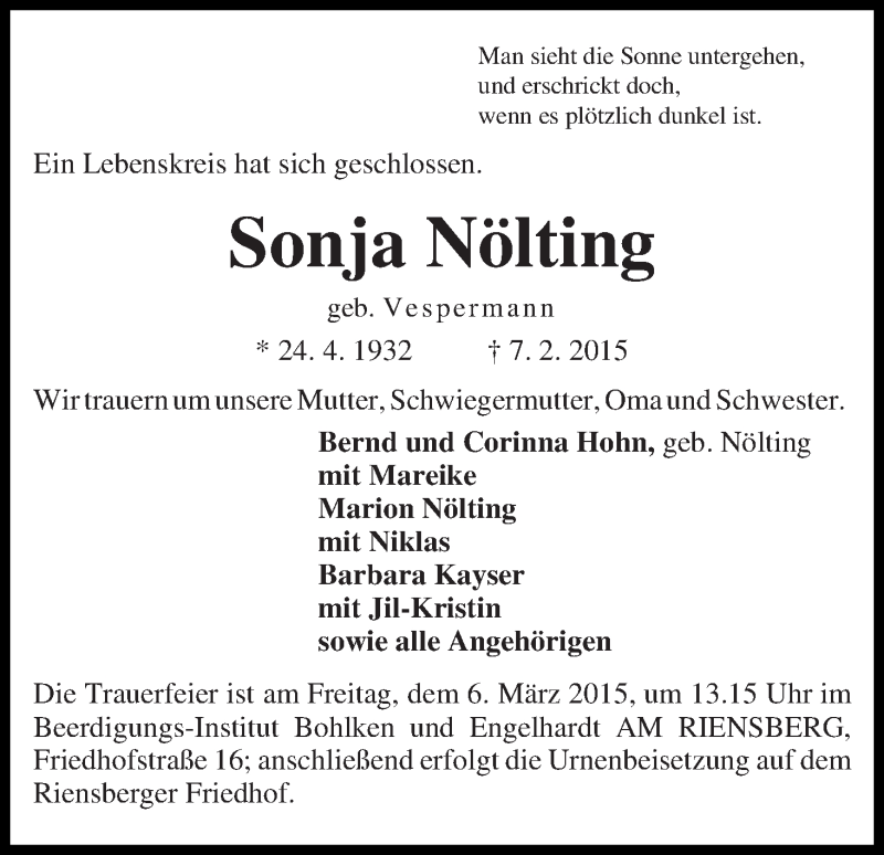 Traueranzeige von Sonja Nölting von WESER-KURIER