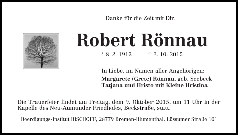 Traueranzeige von Robert Rönnau von WESER-KURIER