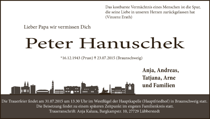 Traueranzeige von Peter Hanuschek von Osterholzer Kreisblatt
