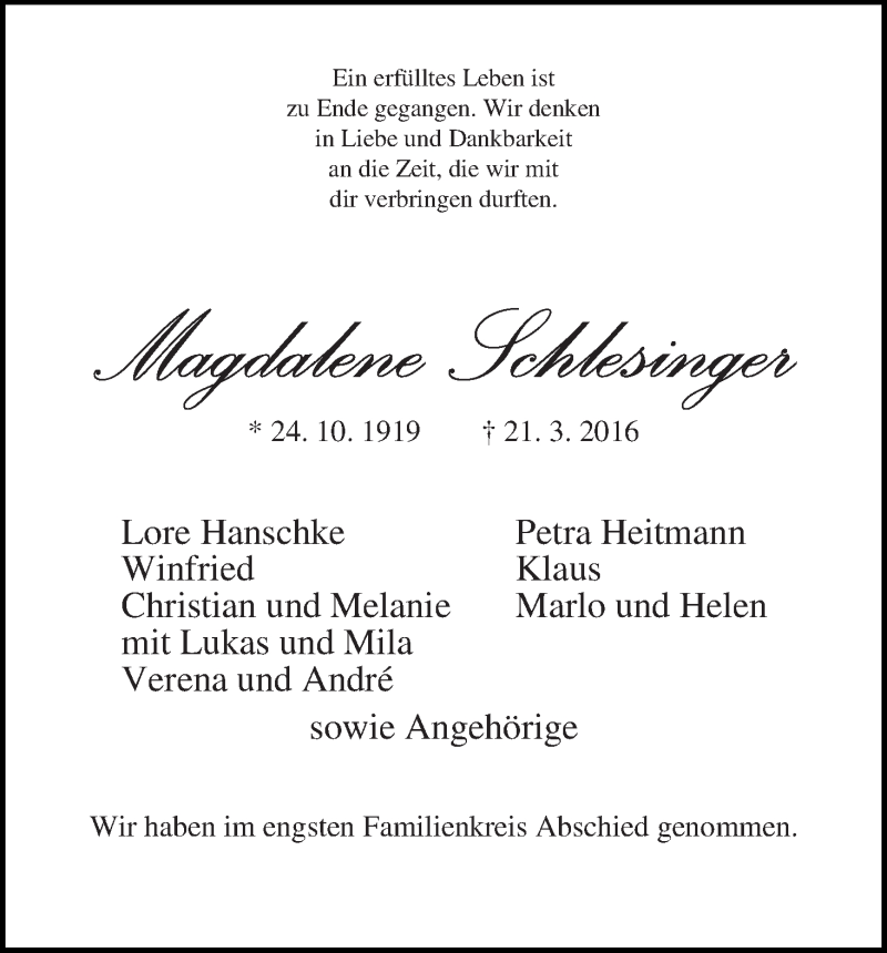 Traueranzeige von Magdalene Schlesinger von WESER-KURIER