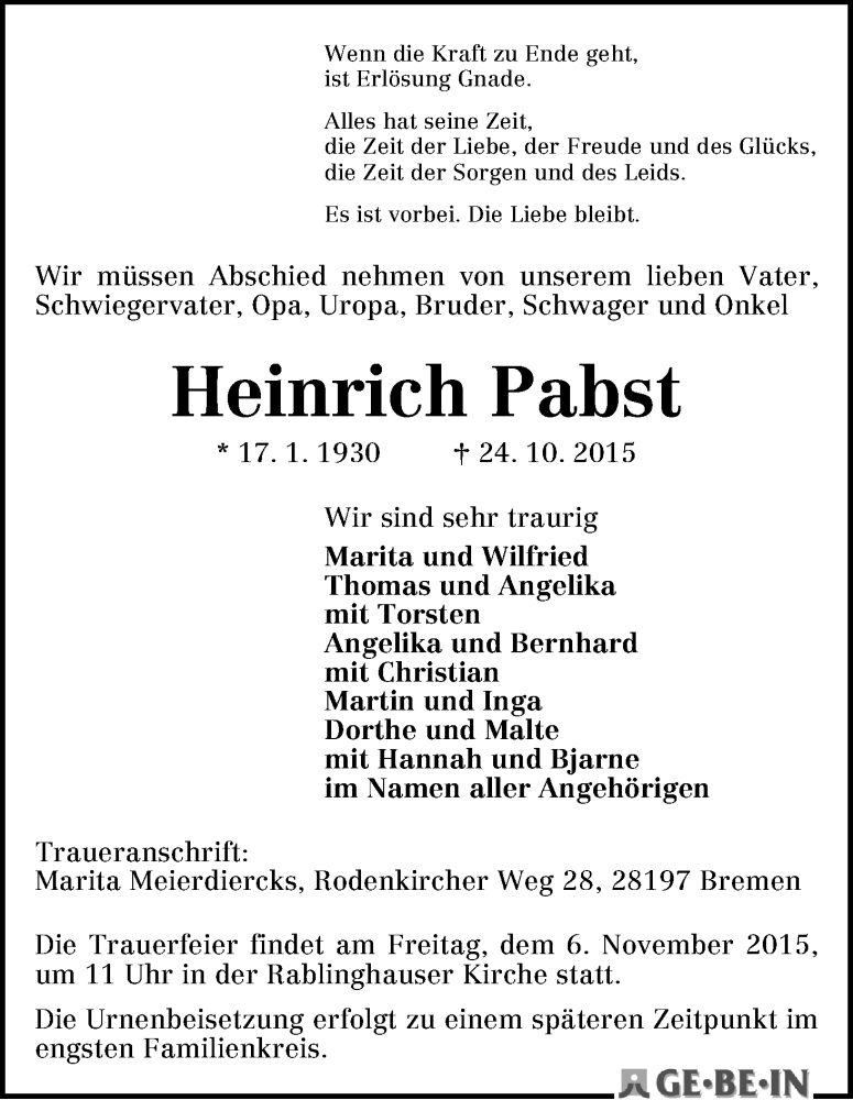 Traueranzeige von Heinrich Pabst von WESER-KURIER