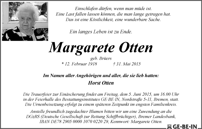 Traueranzeige von Margarete Otten von WESER-KURIER