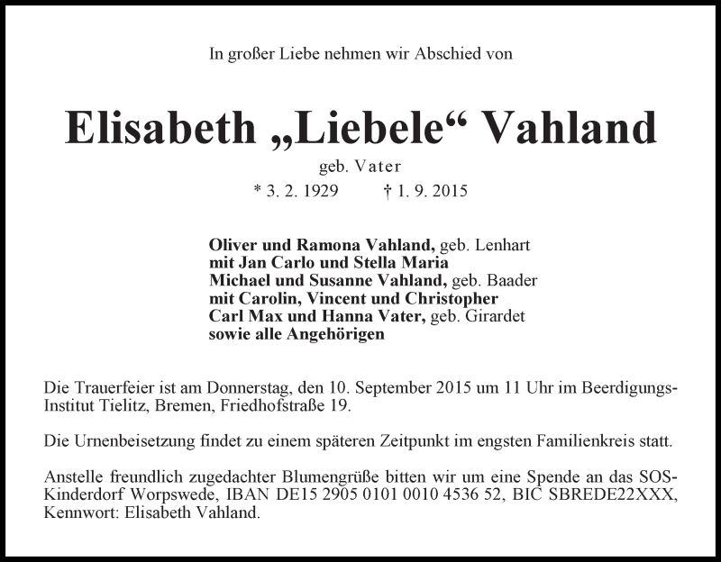 Traueranzeige von Elisabeth 