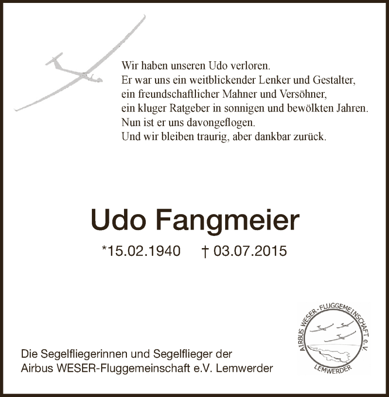 Traueranzeige von Udo Fangmeier von WESER-KURIER