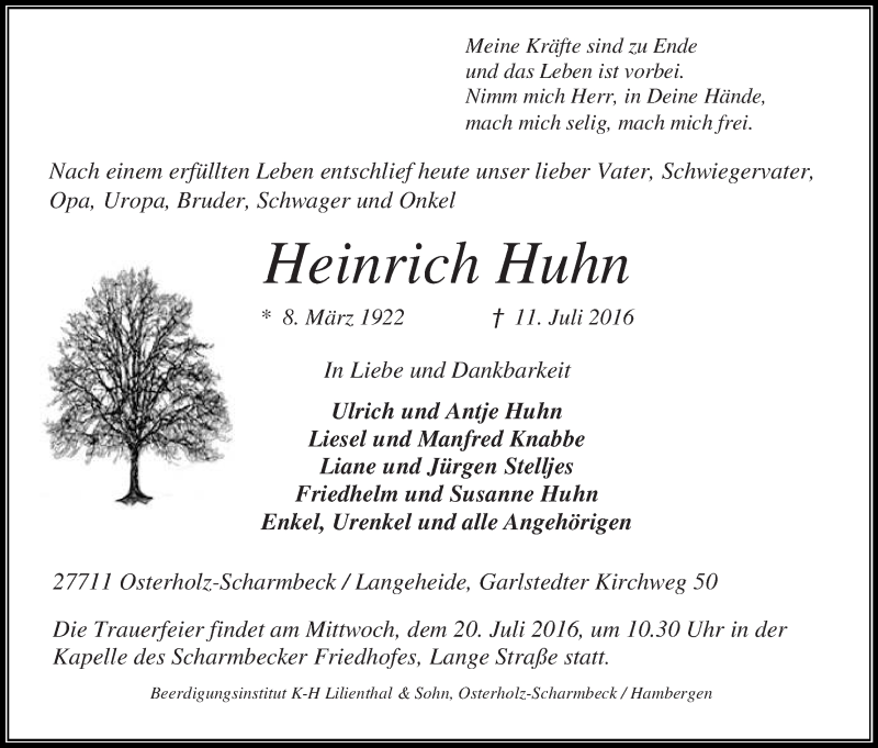 Traueranzeige von Heinrich Huhn von Osterholzer Kreisblatt