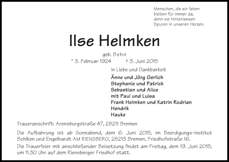 Traueranzeige von Ilse Helmken von WESER-KURIER
