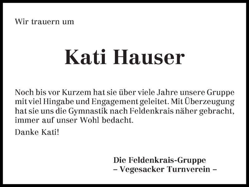 Traueranzeige von Erna (Kati) Hauser von Die Norddeutsche